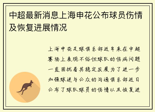 中超最新消息上海申花公布球员伤情及恢复进展情况